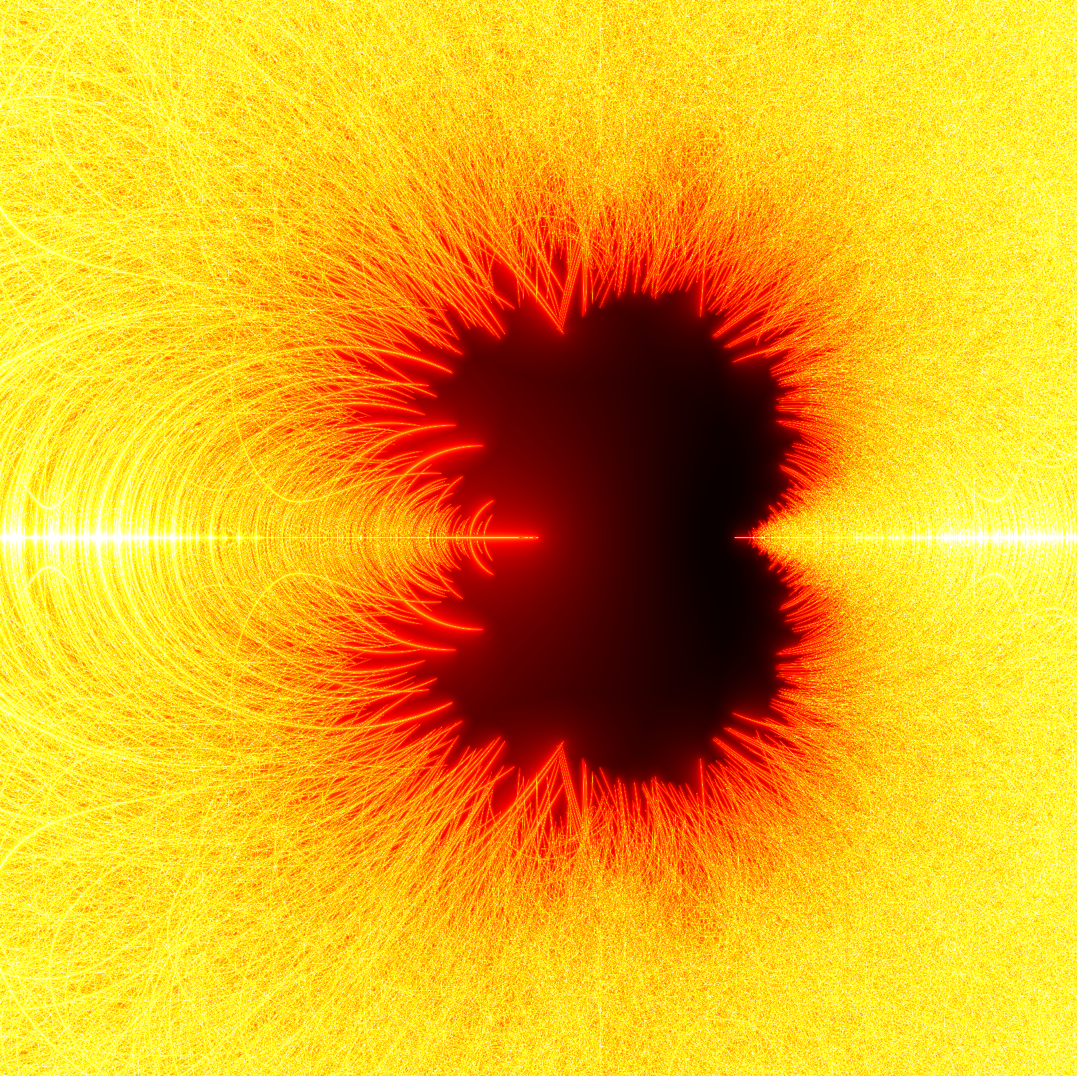 This picture is like the above, but shows a different component of the (5,5,5) triangle group. Here the central horizontal line corresponds to real representations, and we know exactly which representations on this line are Anosov: this is the result of my paper with Gye-Seon Lee and Jaejeong Lee. The situation becomes much more complicated in the complex numbers, and the set of Anosov representations seems to have a fractal boundary. The picture is again joint work with David Dumas.